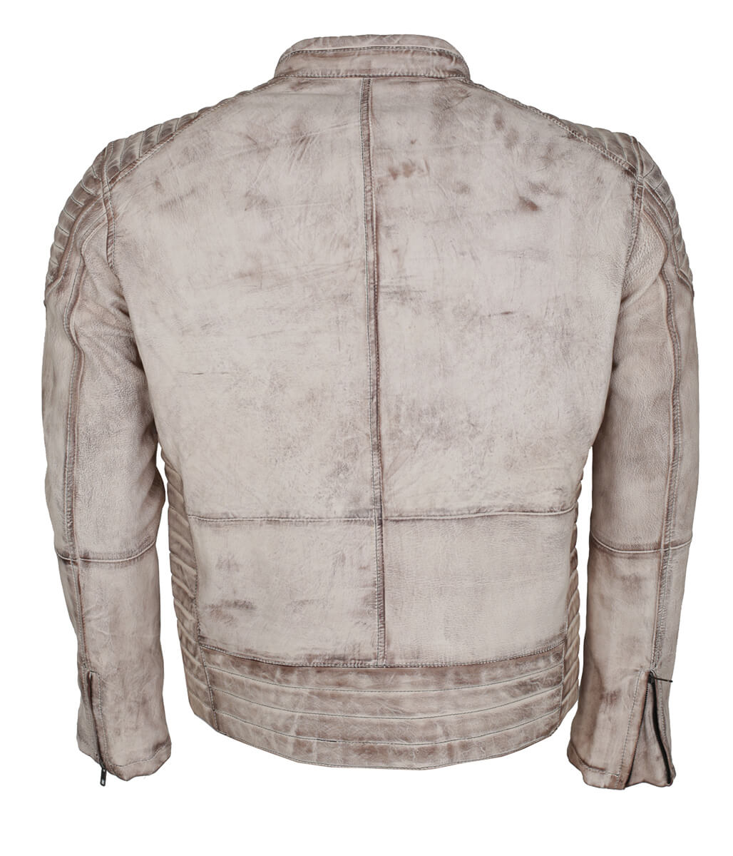 Men Vintage Biker Style Quilted Distressed Leather Jacket Off White