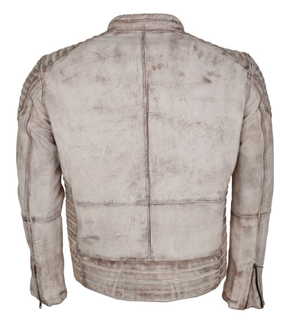 Men Vintage Biker Style Quilted Distressed Leather Jacket Off White
