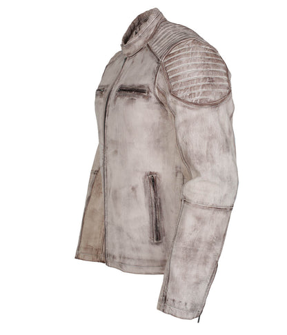 Men Vintage Biker Style Quilted Distressed Leather Jacket Off White