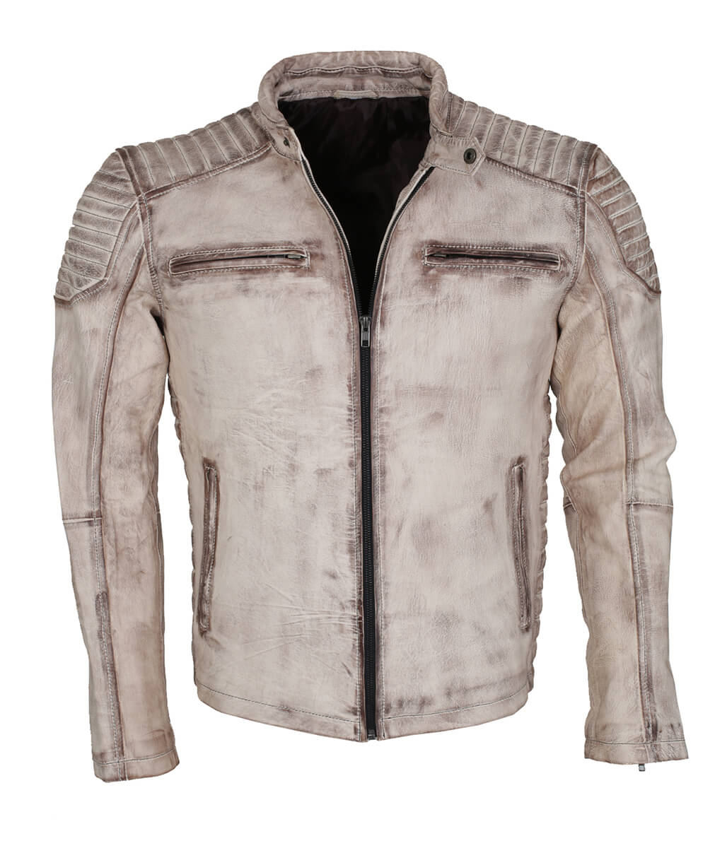 Men Vintage Biker Style Quilted Distressed Leather Jacket Off White
