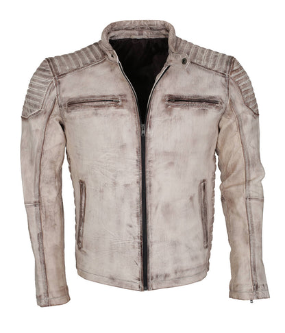 Men Vintage Biker Style Quilted Distressed Leather Jacket Off White