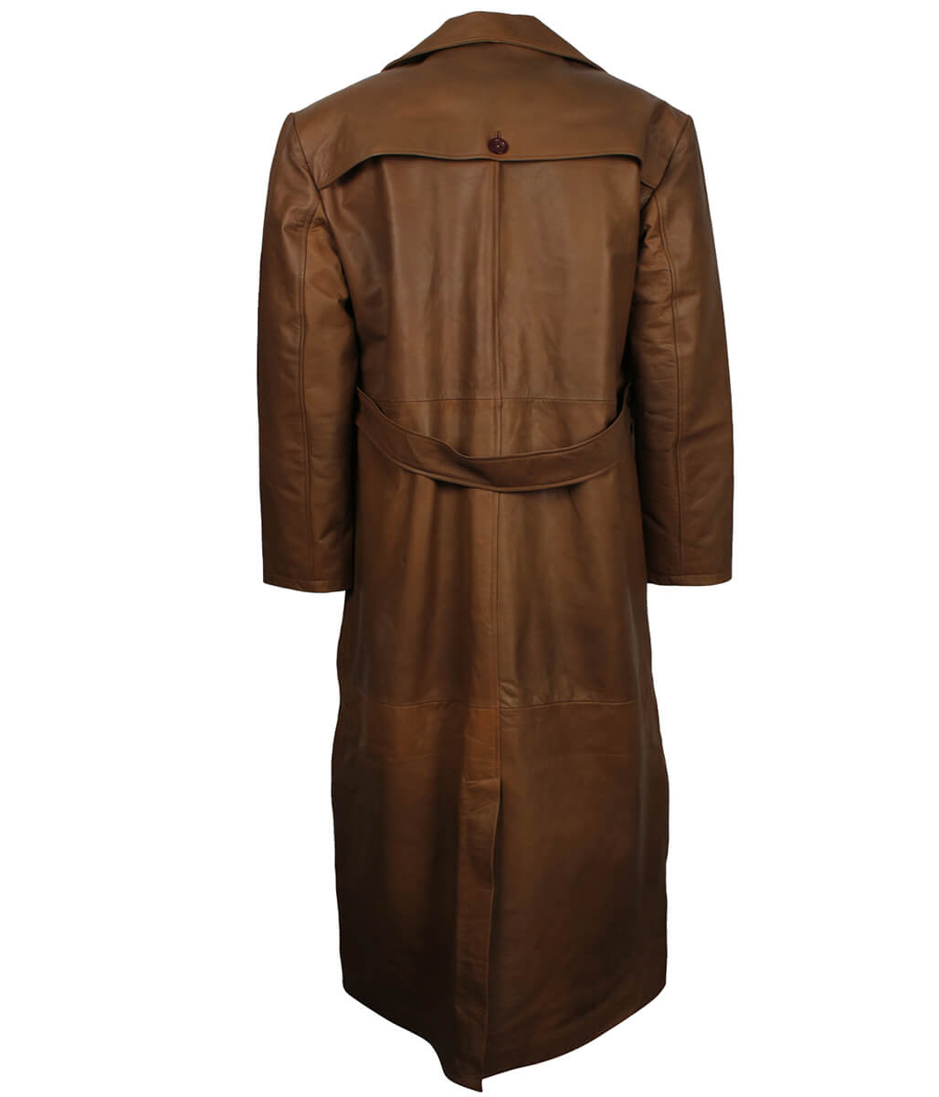 Men Vintage Cognac Buttoned Leather Trench Coat