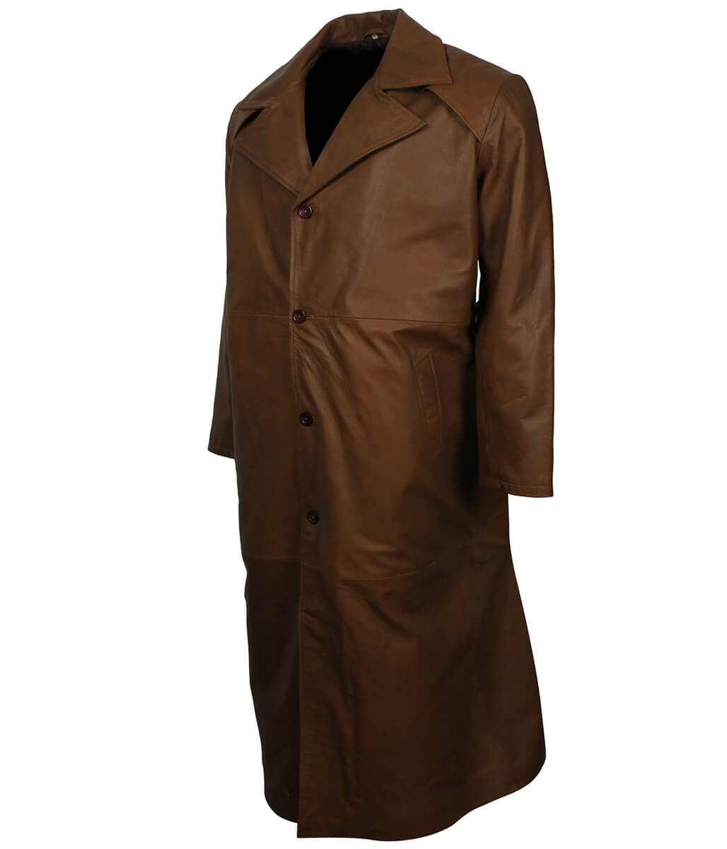 Men Vintage Cognac Buttoned Leather Trench Coat