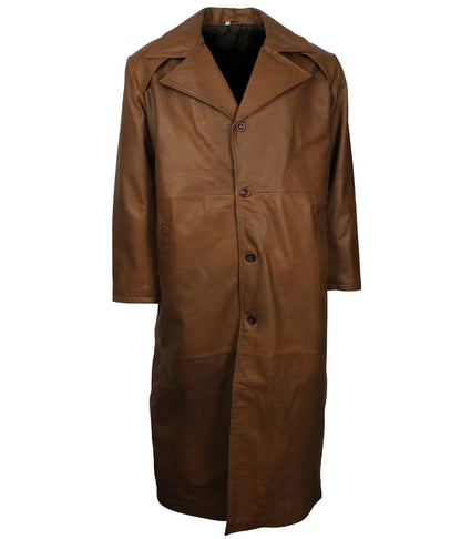 Men Vintage Cognac Buttoned Leather Trench Coat