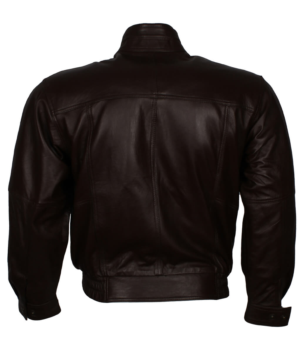 Men Vintage Elastic Hem Casual Dark Brown Leather Jacket