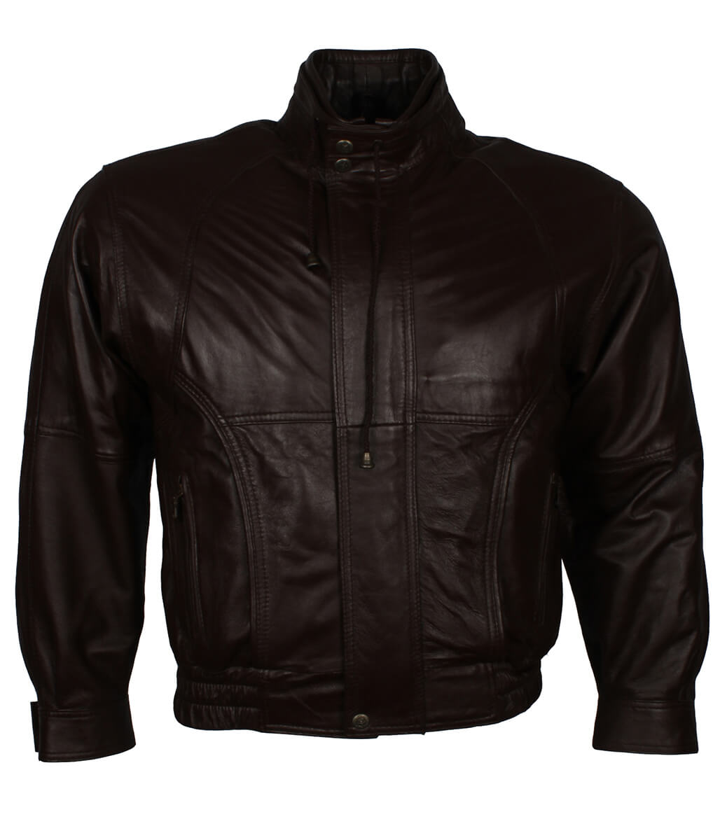 Men Vintage Elastic Hem Casual Dark Brown Leather Jacket