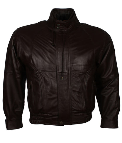 Men Vintage Elastic Hem Casual Dark Brown Leather Jacket