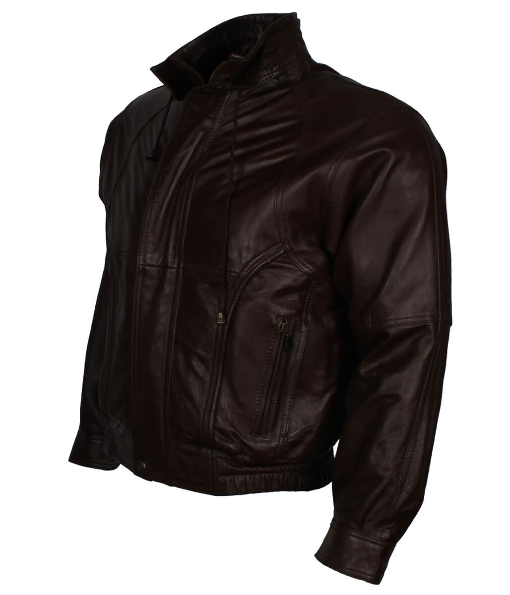 Men Vintage Elastic Hem Casual Dark Brown Leather Jacket