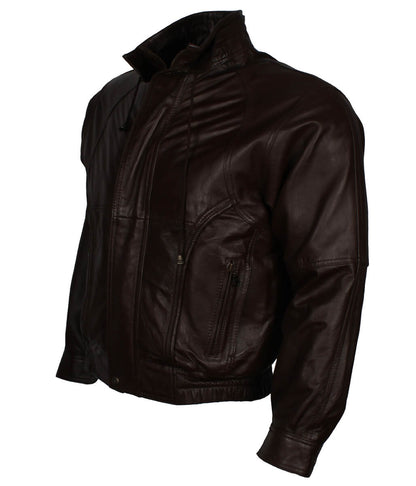 Men Vintage Elastic Hem Casual Dark Brown Leather Jacket