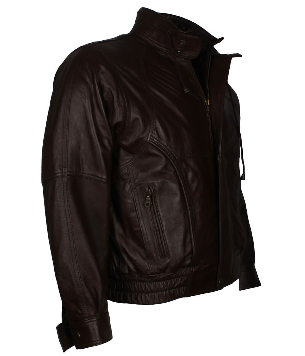 Men Vintage Elastic Hem Casual Dark Brown Leather Jacket