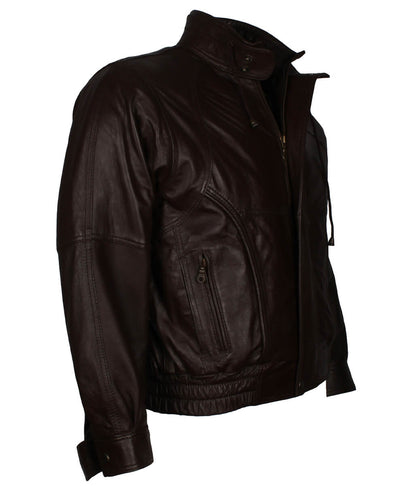 Men Vintage Elastic Hem Casual Dark Brown Leather Jacket