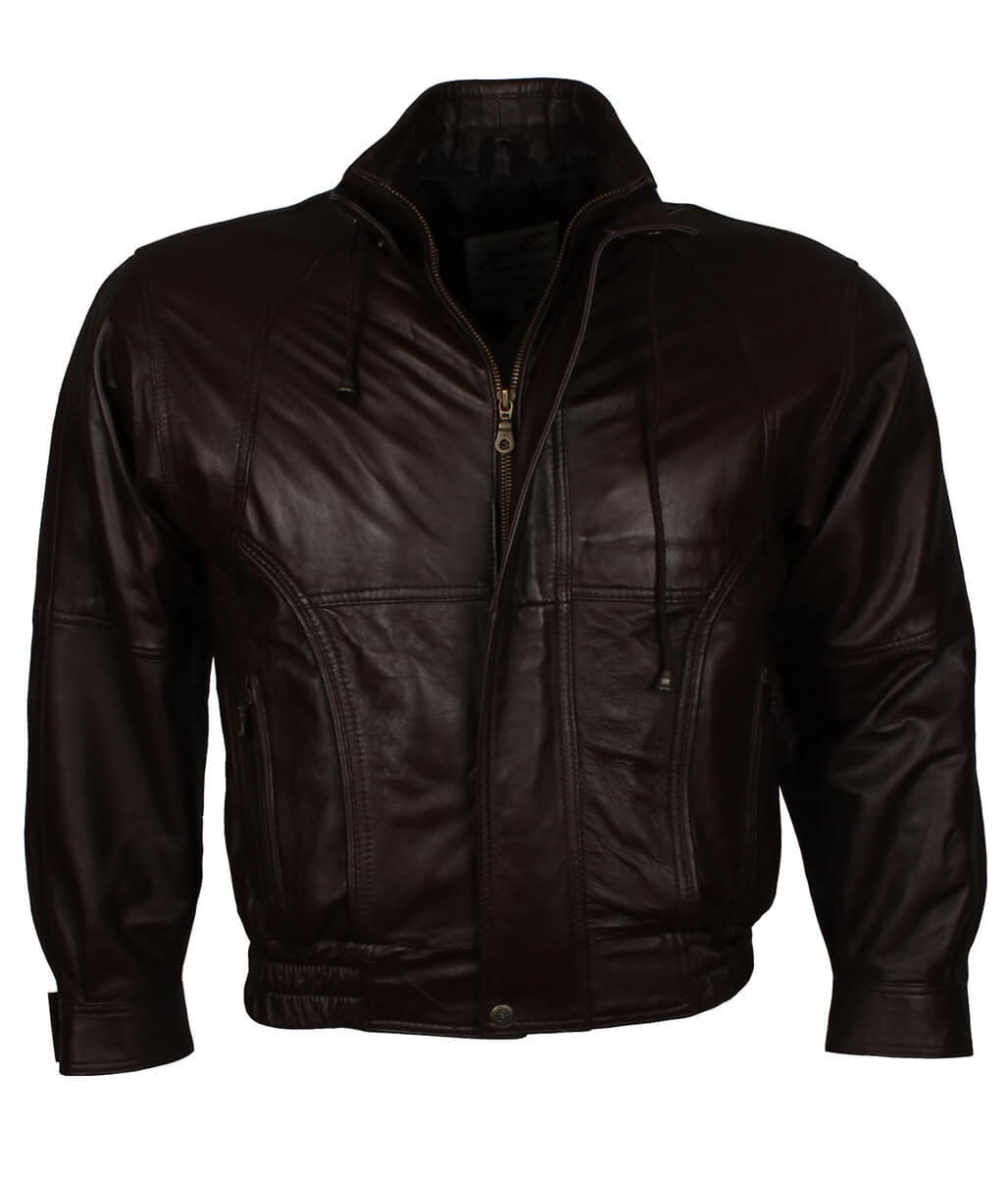 Men Vintage Elastic Hem Casual Dark Brown Leather Jacket