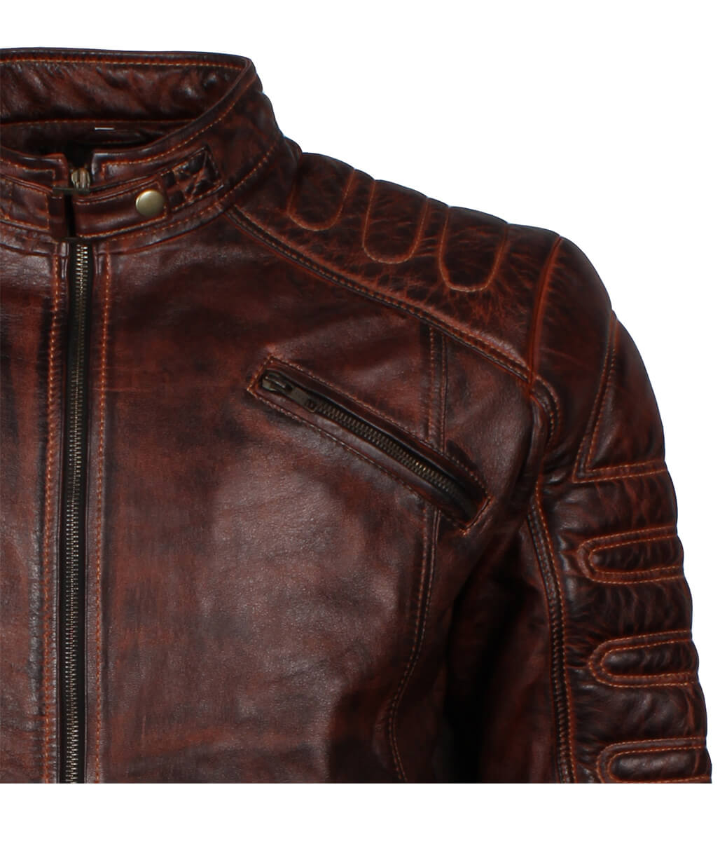 Men Vintage Padded Distressed Leather Jacket Dark Brown
