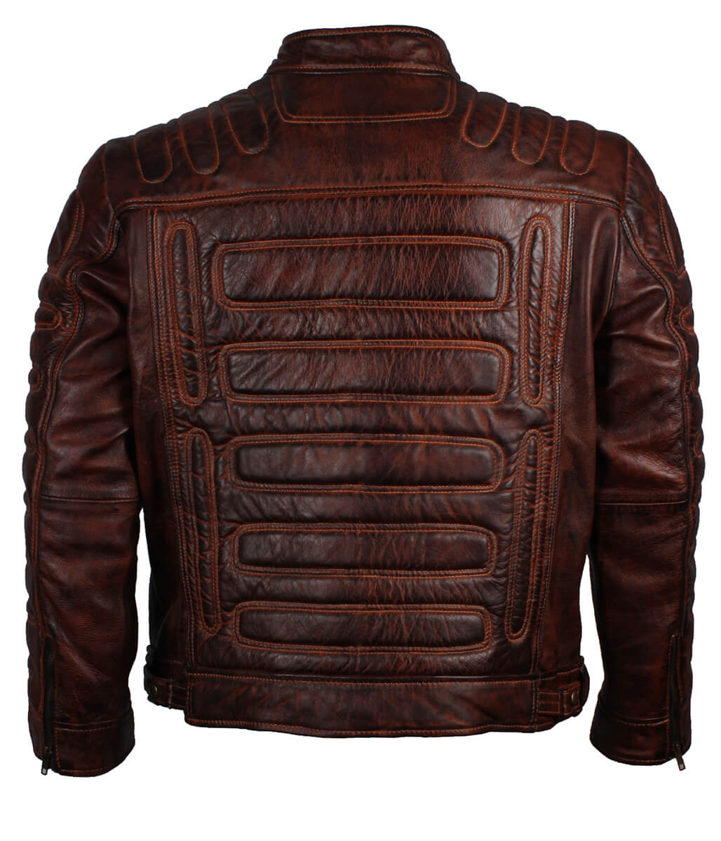 Men Vintage Padded Distressed Leather Jacket Dark Brown