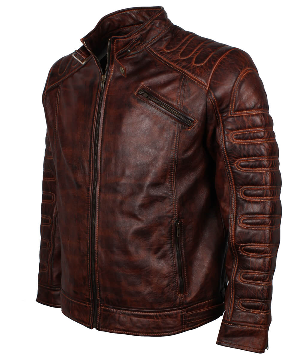 Men Vintage Padded Distressed Leather Jacket Dark Brown