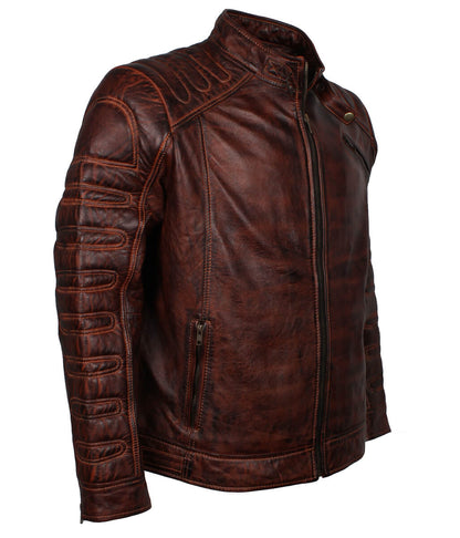Men Vintage Padded Distressed Leather Jacket Dark Brown