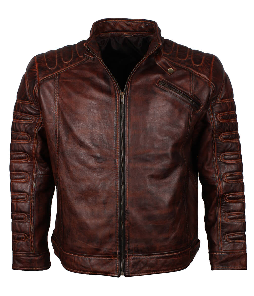 Men Vintage Padded Distressed Leather Jacket Dark Brown