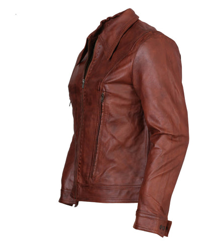 Men Vintage Shirt Collar Distressed Cognac Brown Real Leather Jacket