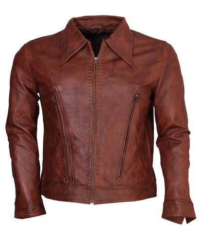 Men Vintage Shirt Collar Distressed Cognac Brown Real Leather Jacket