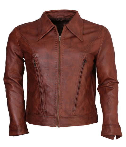 Men Vintage Shirt Collar Distressed Cognac Brown Real Leather Jacket