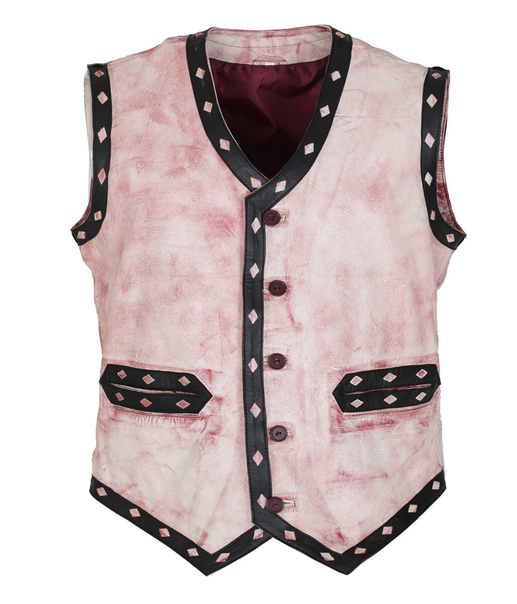 Men Warriors Movie Distressed Diamond Trim Leather Vest Light Pink