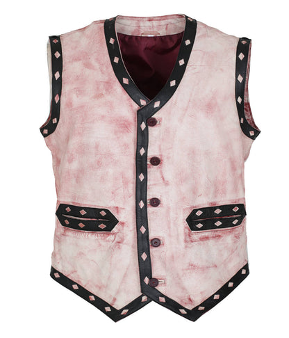 Men Warriors Movie Distressed Diamond Trim Leather Vest Light Pink