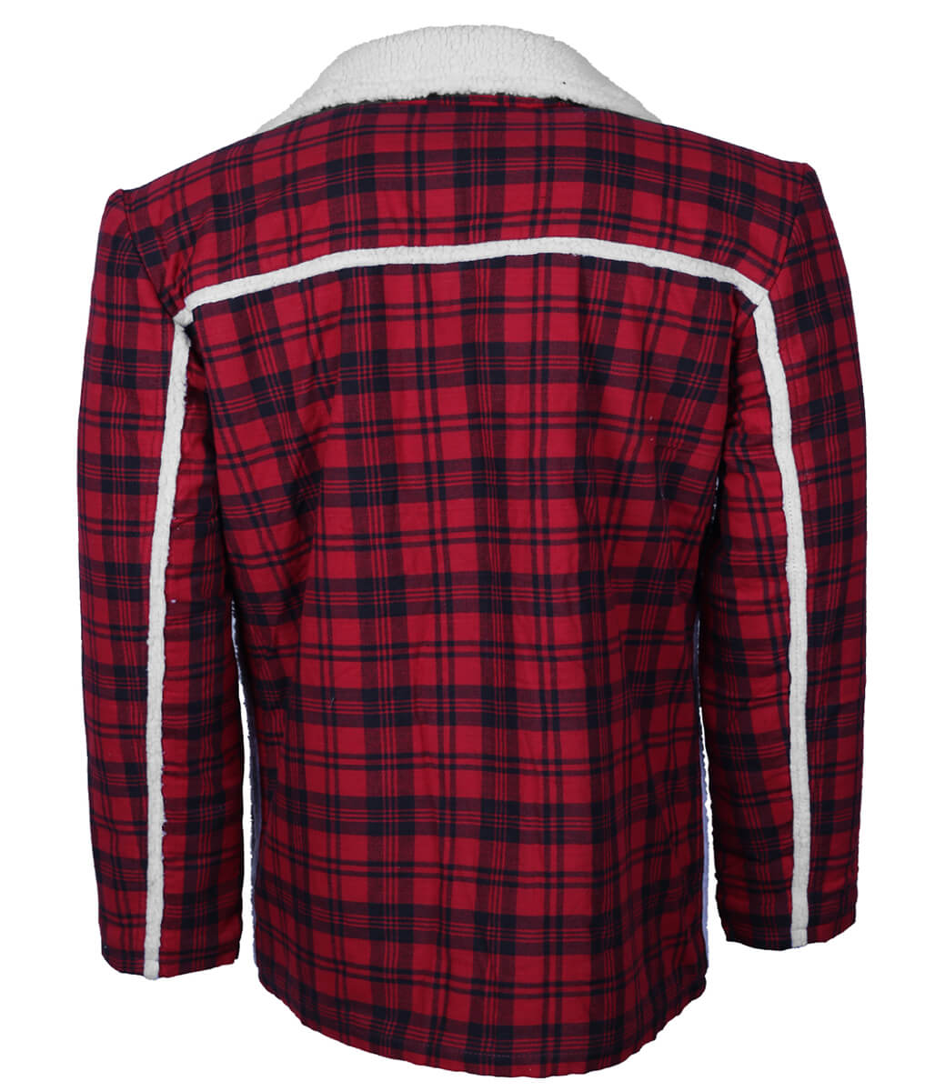 Men Winter Retro Plaid Red and Black Shearling Coat