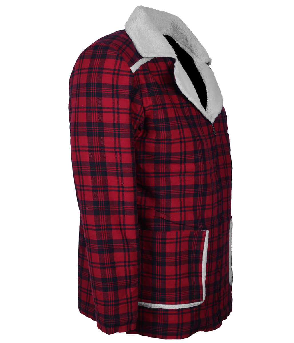 Men Winter Retro Plaid Red and Black Shearling Coat