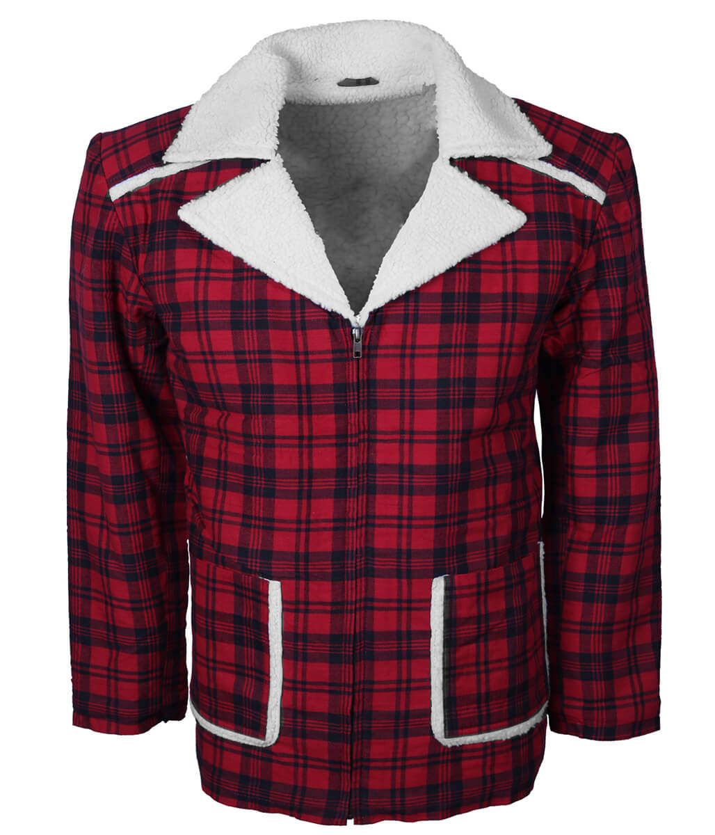 Men Winter Retro Plaid Red and Black Shearling Coat