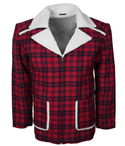 Men Winter Retro Plaid Red and Black Shearling Coat