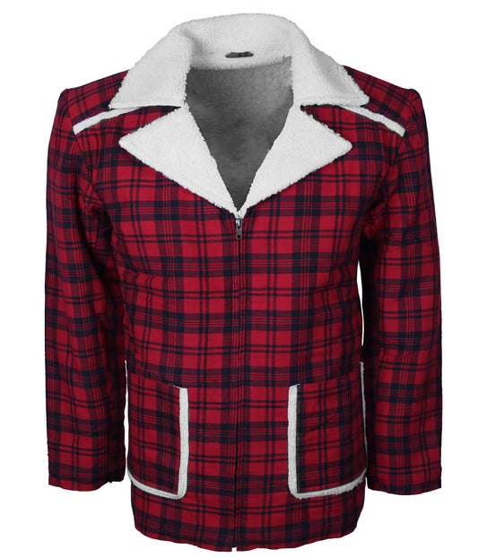 Men Winter Retro Plaid Red and Black Shearling Coat
