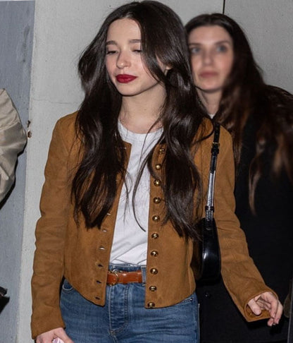 Mikey Madison Street Style 2025 Brown Suede Jacket
