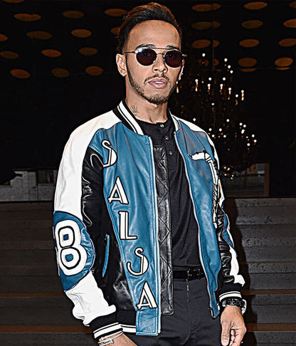 Milan Fashion Show Lewis Hamilton Blue Leather Jacket