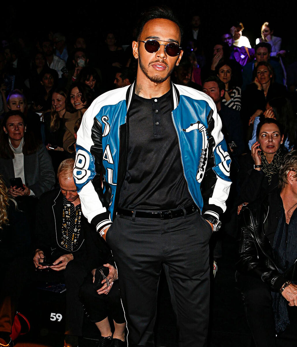 Milan Fashion Show Lewis Hamilton Blue Leather Jacket