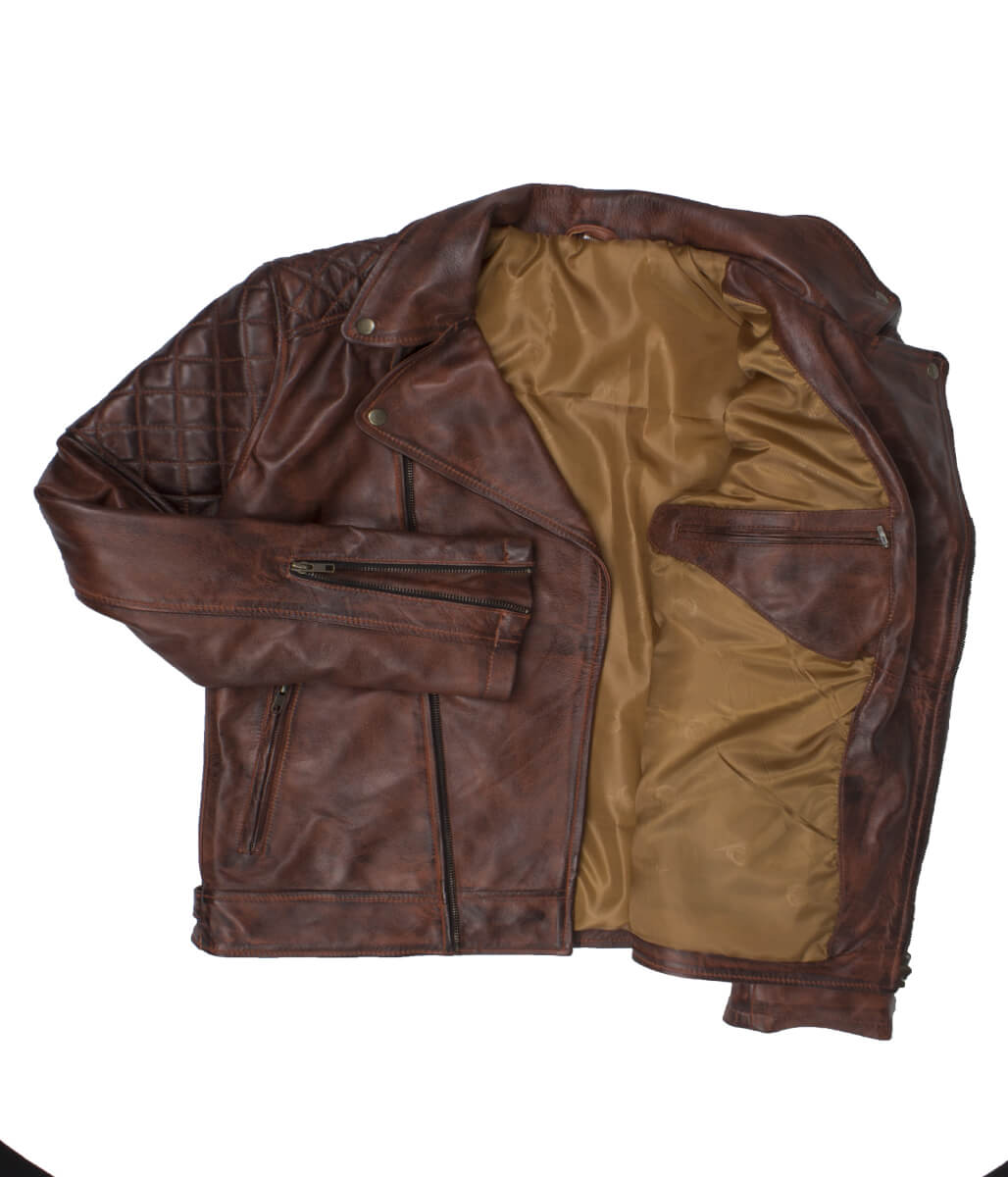 Motorcycle Fashion Diamond Quilted Shoulder Brown Leather Jacket