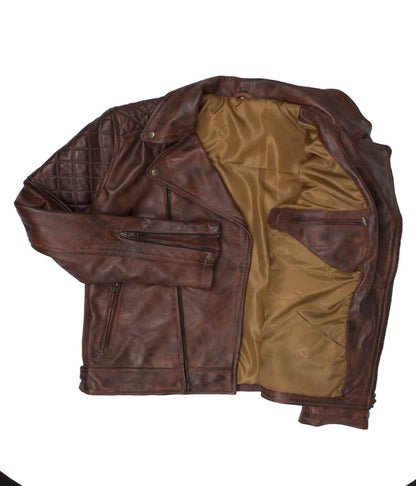 Motorcycle Fashion Diamond Quilted Shoulder Brown Leather Jacket