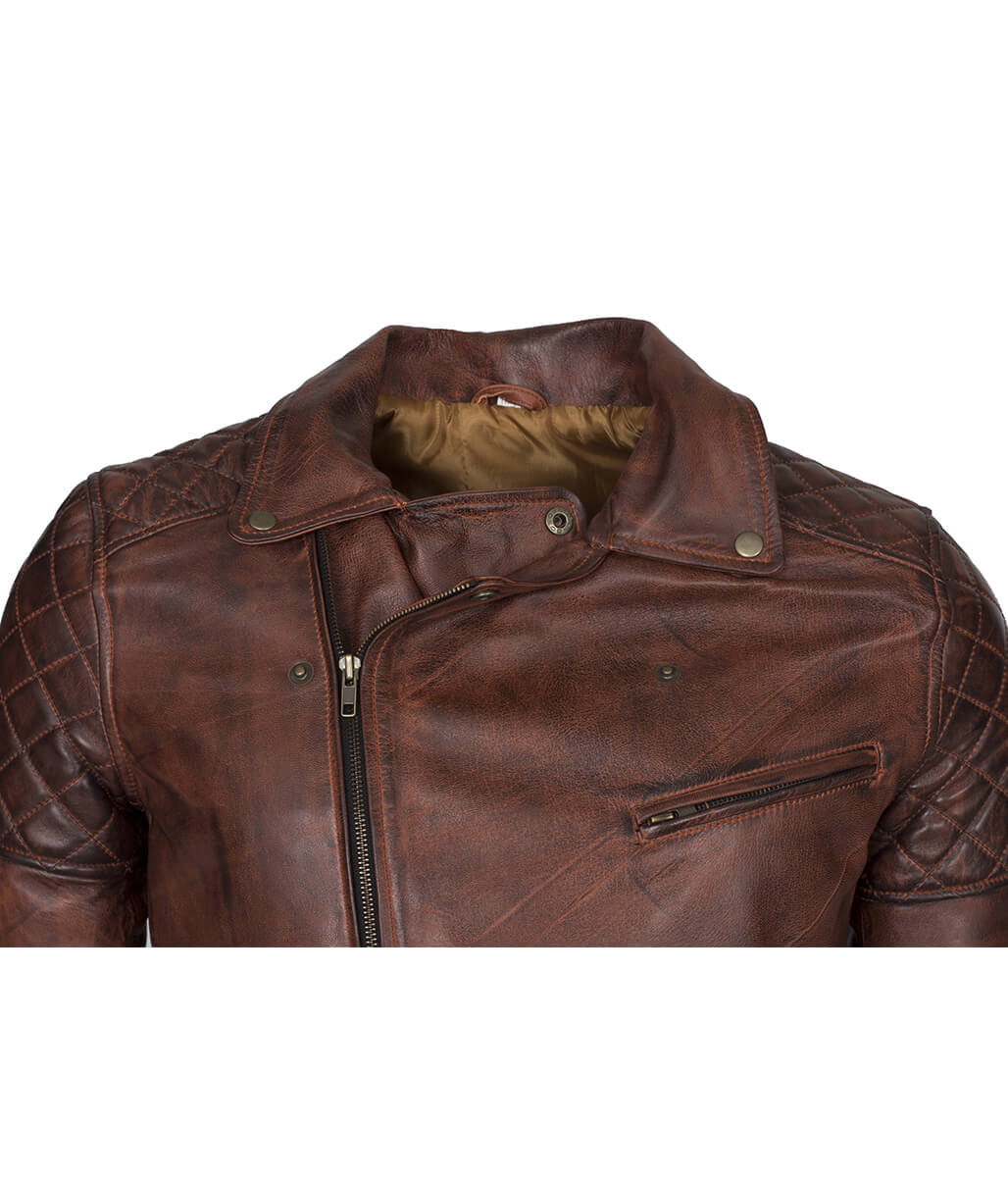 Motorcycle Fashion Diamond Quilted Shoulder Brown Leather Jacket