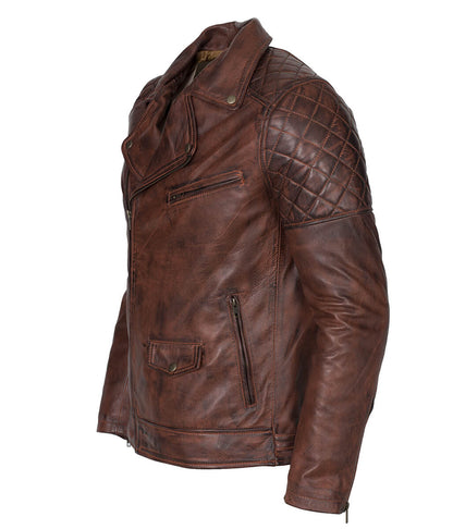 Motorcycle Fashion Diamond Quilted Shoulder Brown Leather Jacket