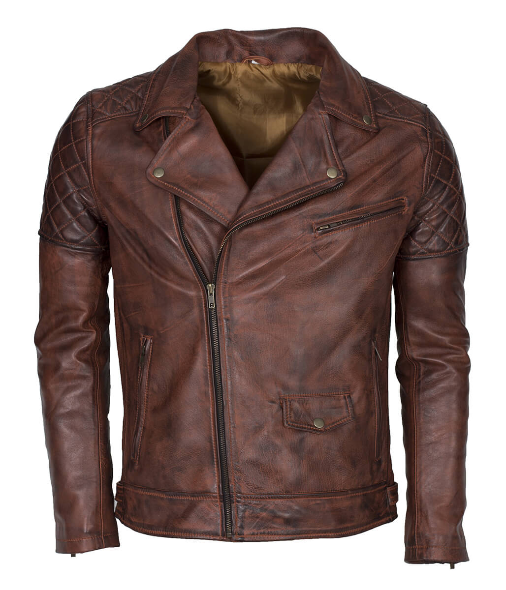 Motorcycle Fashion Diamond Quilted Shoulder Brown Leather Jacket