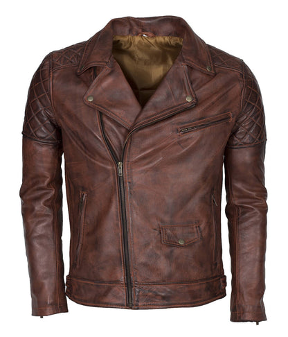 Motorcycle Fashion Diamond Quilted Shoulder Brown Leather Jacket