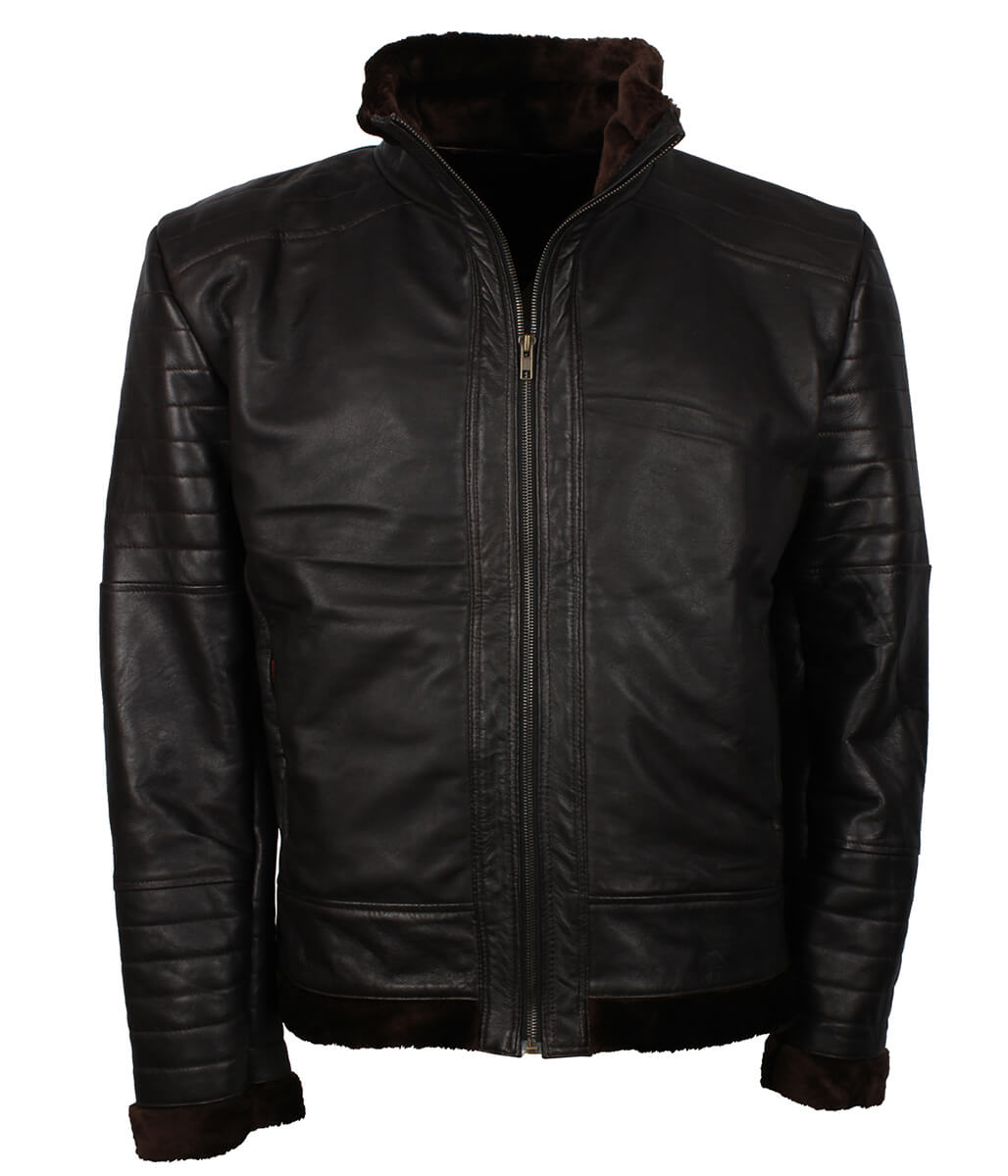 Padded Shoulder Fur Trim Dark Brown Shearling Leather Jacket