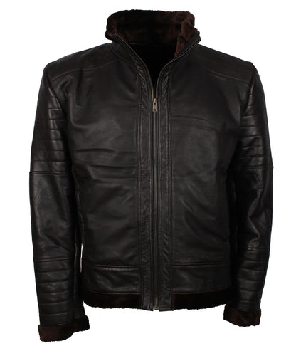 Padded Shoulder Fur Trim Dark Brown Shearling Leather Jacket