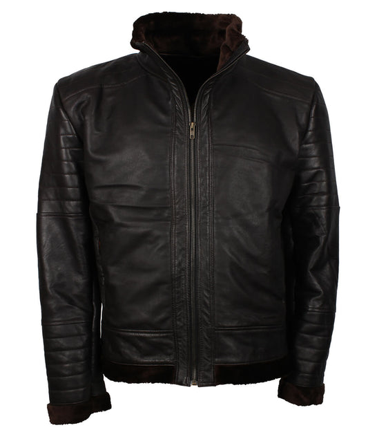 Padded Shoulder Fur Trim Dark Brown Shearling Leather Jacket