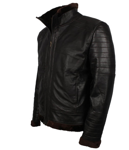 Padded Shoulder Fur Trim Dark Brown Shearling Leather Jacket
