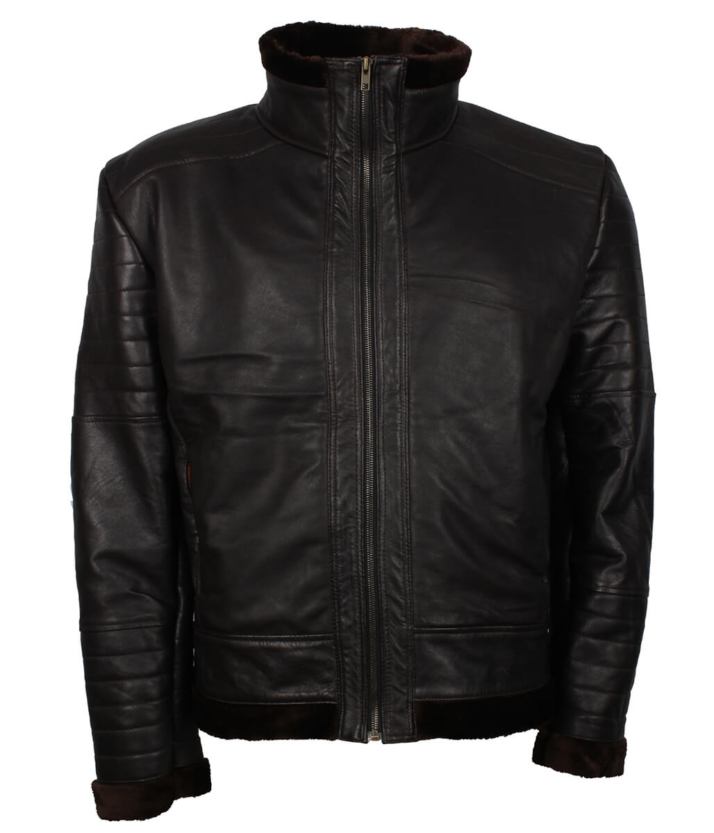 Padded Shoulder Fur Trim Dark Brown Shearling Leather Jacket
