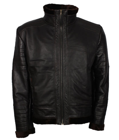 Padded Shoulder Fur Trim Dark Brown Shearling Leather Jacket