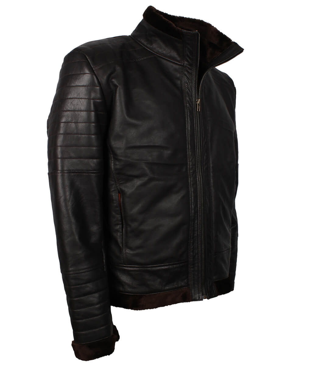 Padded Shoulder Fur Trim Dark Brown Shearling Leather Jacket