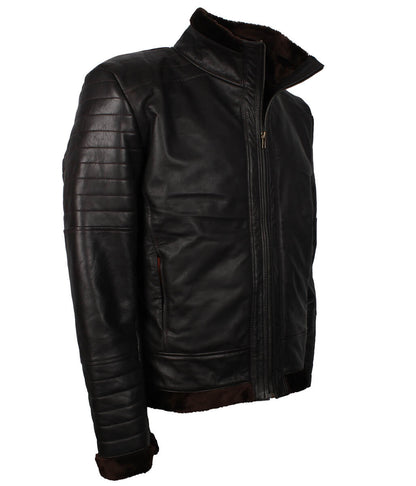 Padded Shoulder Fur Trim Dark Brown Shearling Leather Jacket