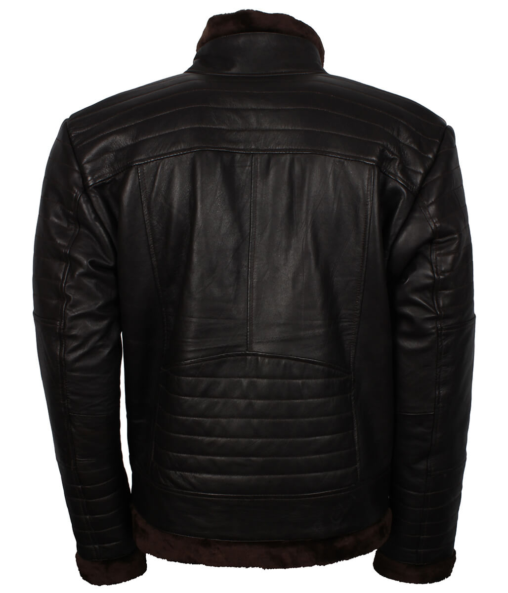 Padded Shoulder Fur Trim Dark Brown Shearling Leather Jacket