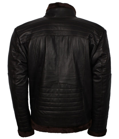 Padded Shoulder Fur Trim Dark Brown Shearling Leather Jacket